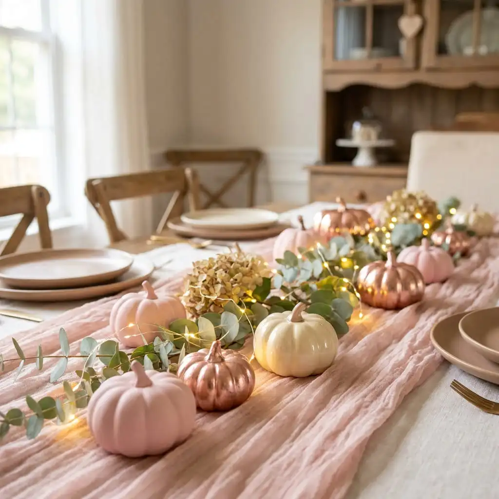 Aesthetic dining table centerpiece with pastel pink pumpkins, rose gold accents, and fairy lights