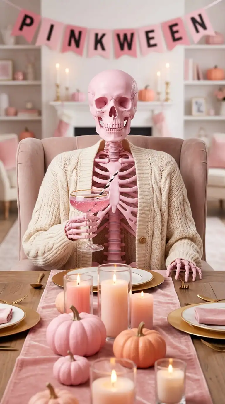 Spooky pink Halloween dinner setup with tall pink taper candles in black candle holders