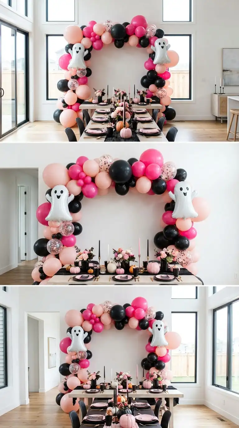 Pastel pink and black balloon arch backdrop for a Halloween party table setup