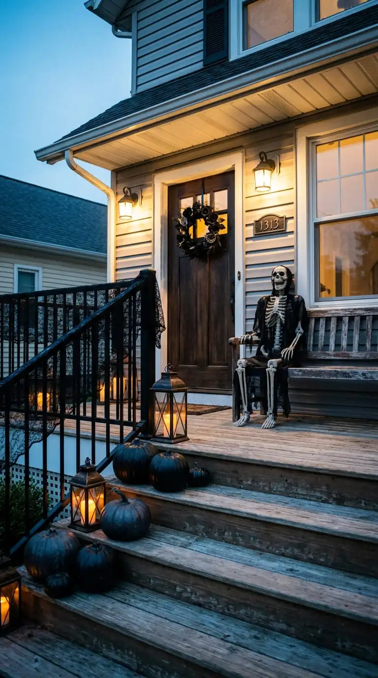 Gothic Halloween porch decorated with black pumpkins, wrought-iron lanterns, and skeleton props for a dark, dramatic outdoor display