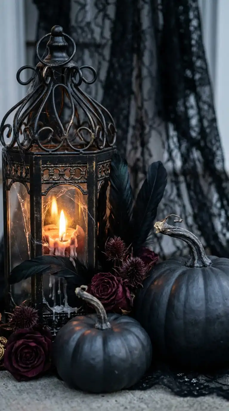 Close-up of black wrought-iron lantern with candlelight beside charcoal Halloween pumpkins and dark florals