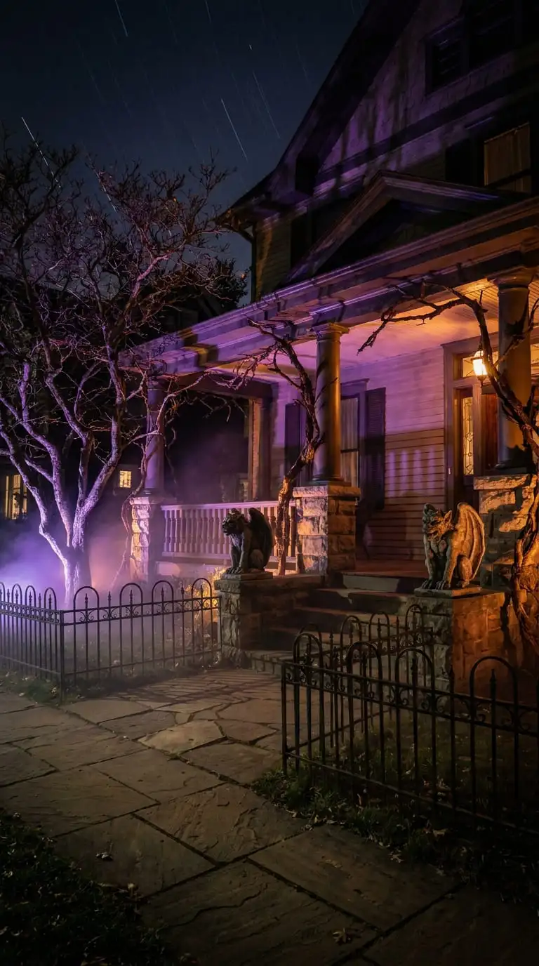 Gothic Halloween front yard at night with purple uplighting, gargoyle statues, and wrought-iron fencing