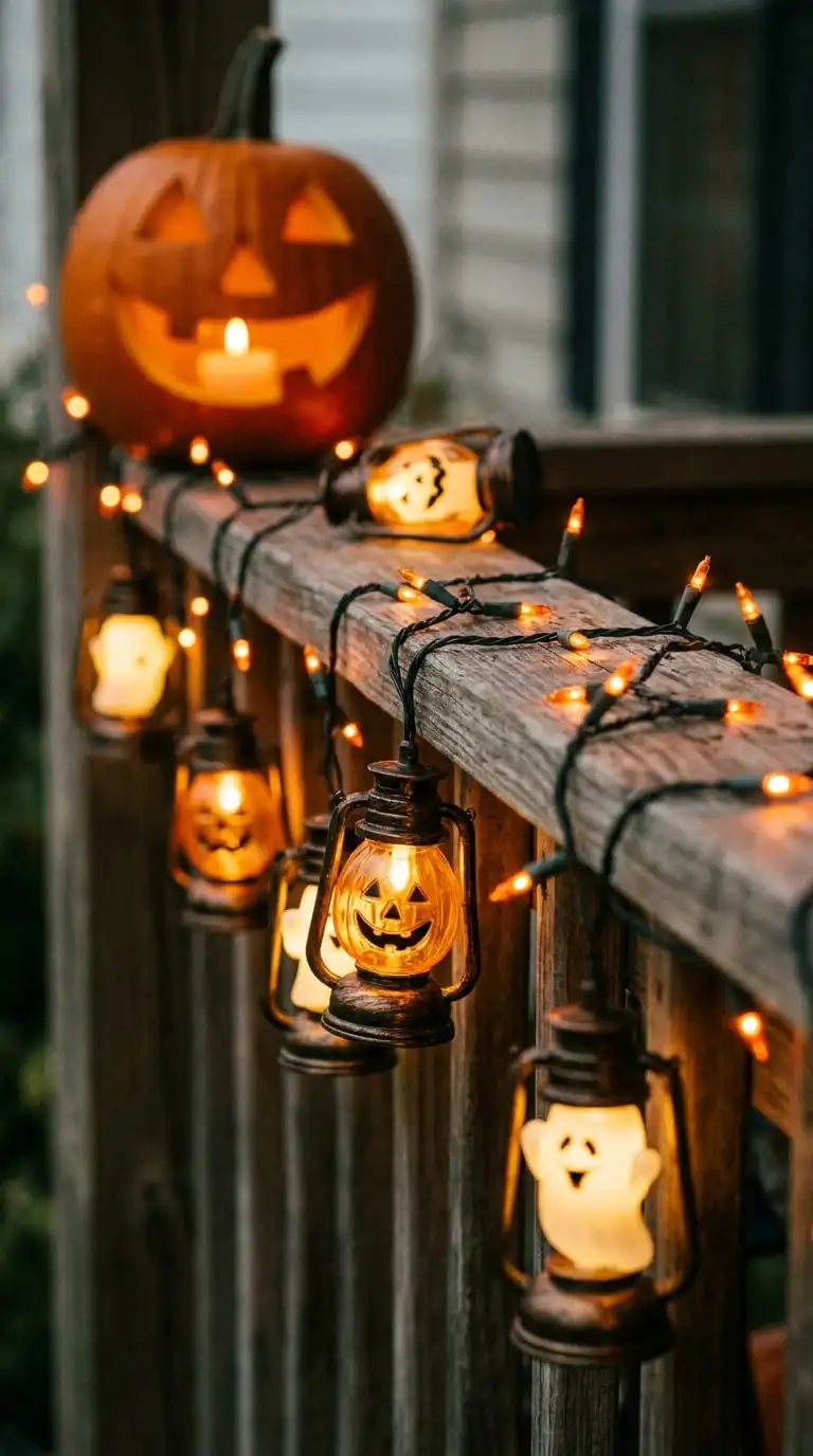 Close-up of warm Halloween lantern string lights wrapped around a porch railing at night