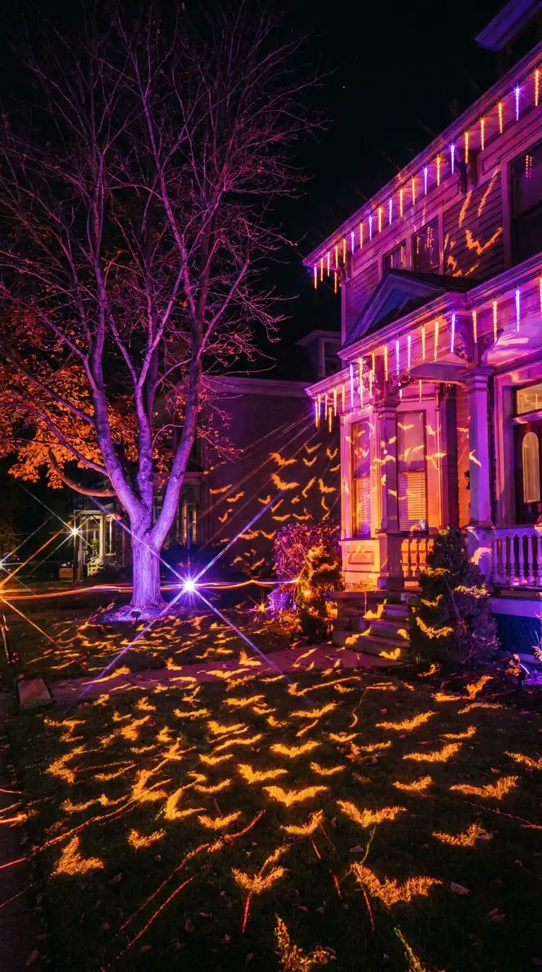 Halloween yard at night lit with purple and orange uplighting and a laser bat light projector