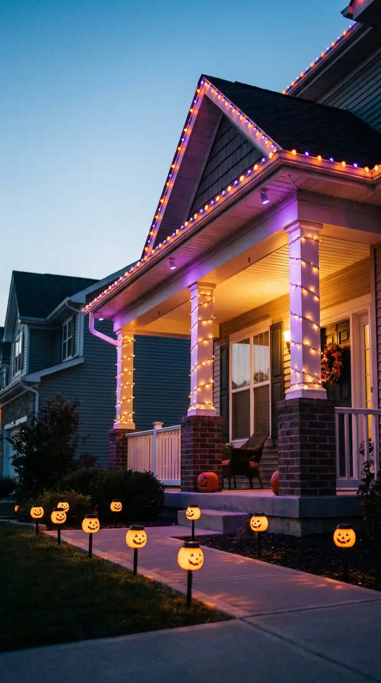Halloween outdoor lights on a porch with orange and purple string lights and warm fairy lights at dusk
