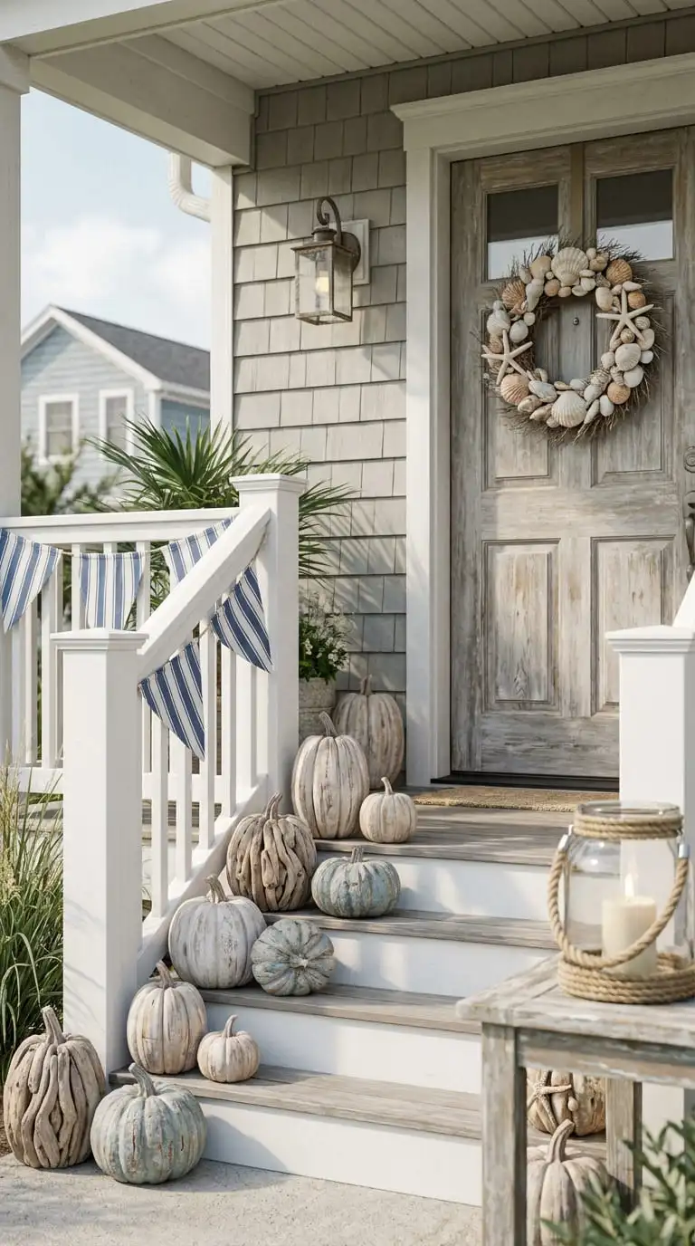 Coastal Halloween porch with driftwood pumpkins, seashell wreath, and blue-and-white striped bunting