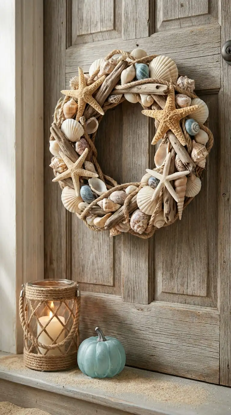 Close-up of a seashell Halloween wreath and rope-wrapped lantern on a coastal-style porch