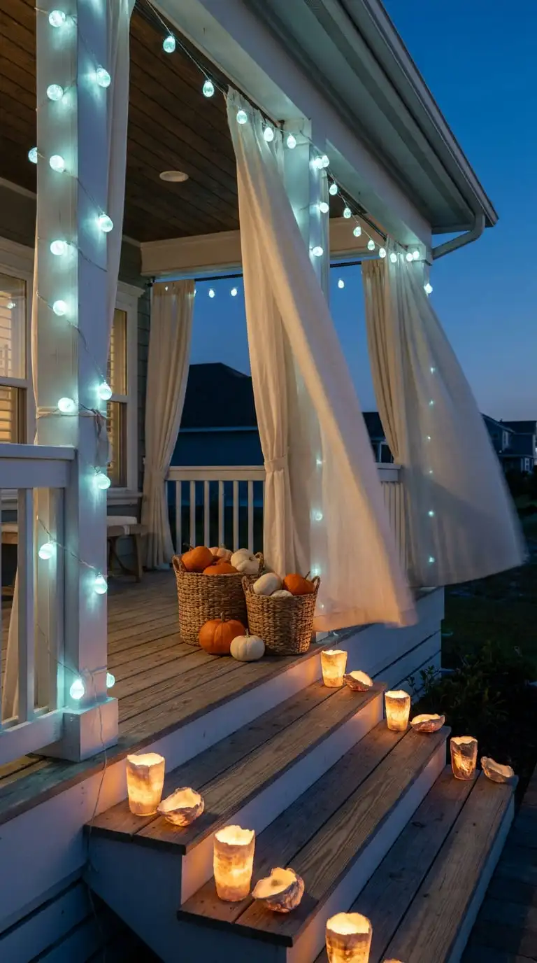 Coastal Halloween porch at dusk lit with sea glass blue string lights and oyster shell candle holders