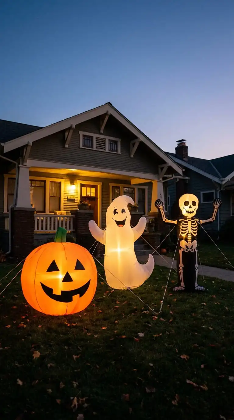 Halloween outdoor inflatables including a giant pumpkin, ghost, and skeleton lit up on a front lawn at dusk
