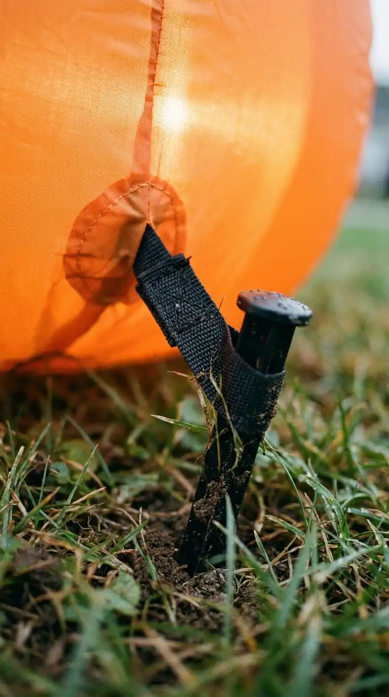 Close-up of a Halloween inflatable pumpkin staked and tethered to the ground