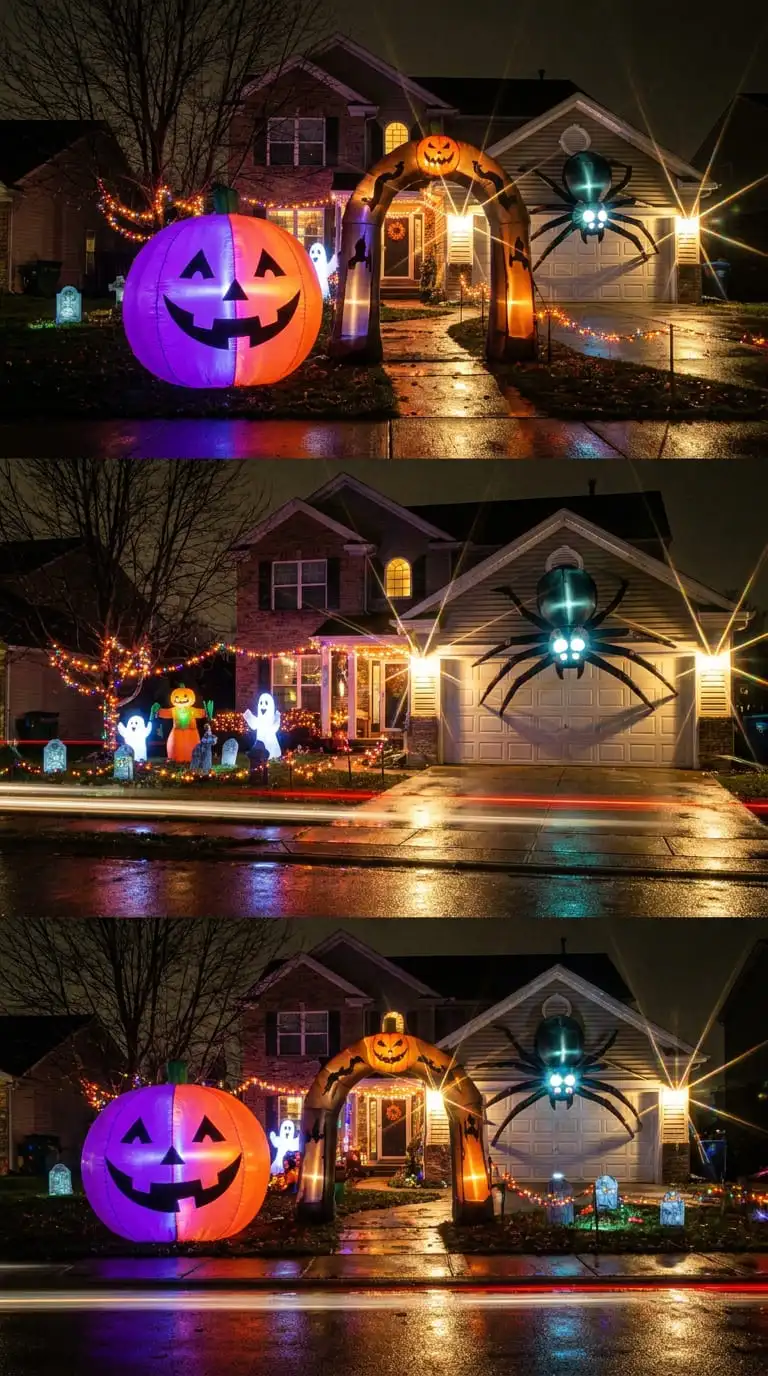 Halloween yard at night with glowing inflatable archway, pumpkin, and spider decorations