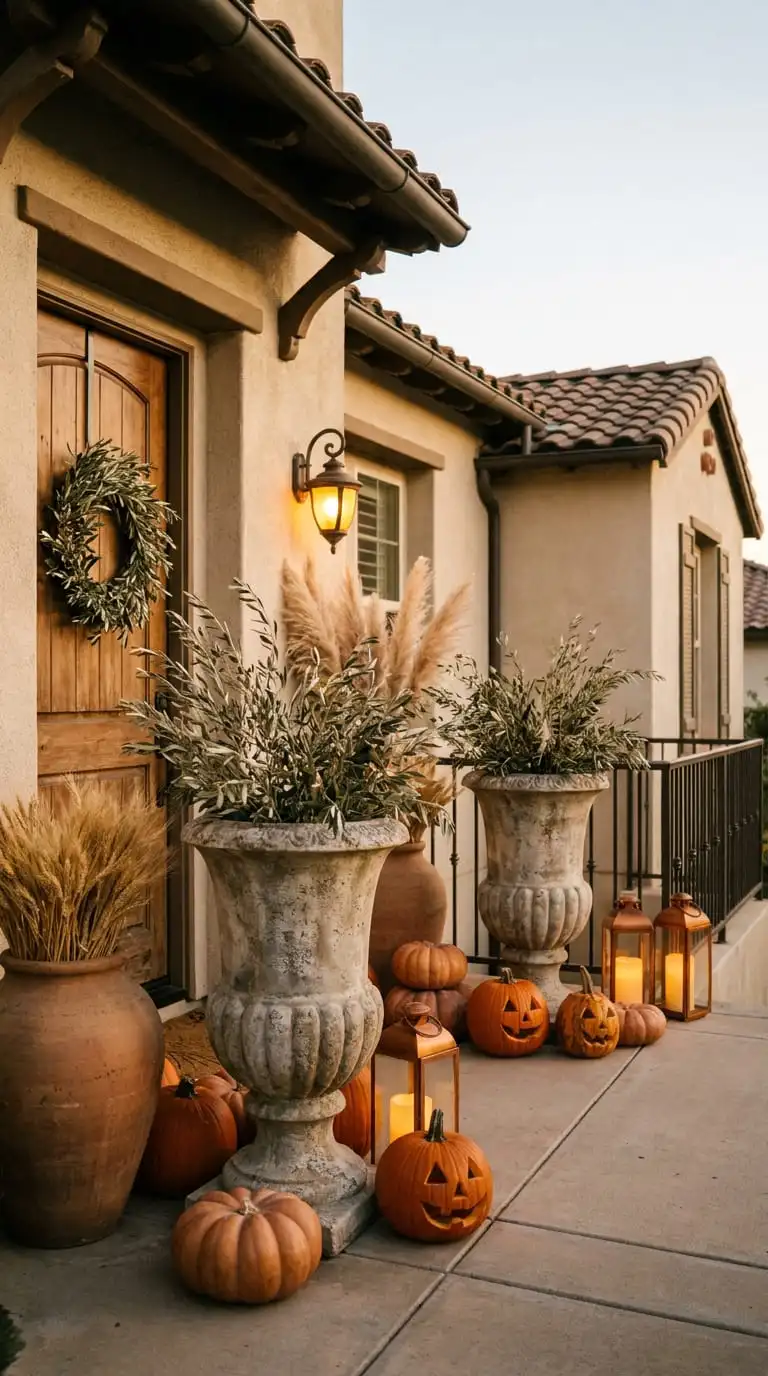 Mediterranean Halloween porch with terracotta pumpkins, olive branch wreath, and warm amber lantern lighting