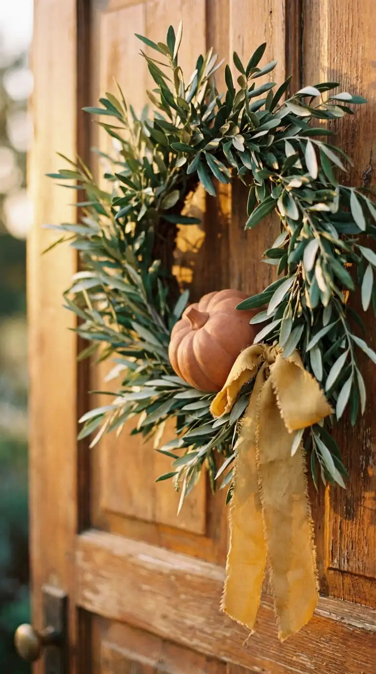 Close-up of an olive branch Halloween wreath with a terracotta pumpkin and gold ribbon accent