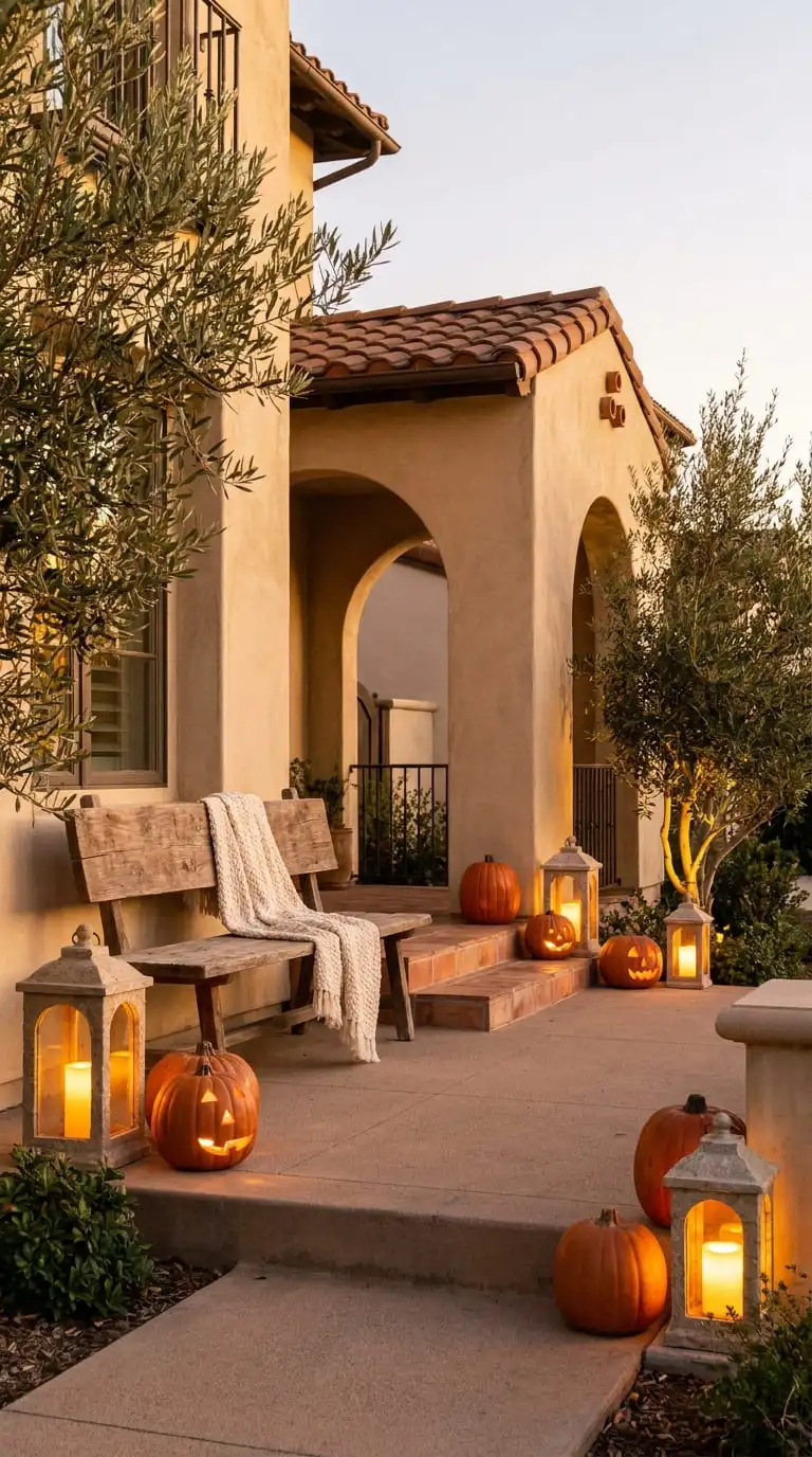 Mediterranean Halloween porch at dusk lit with warm amber stone-look lanterns along the pathway