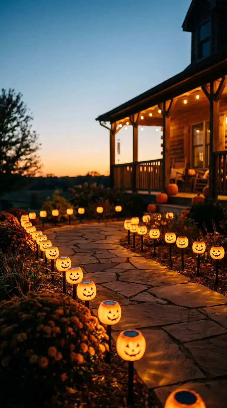 Halloween outdoor solar lights lining a front walkway with glowing jack-o'-lantern stake lights at dusk
