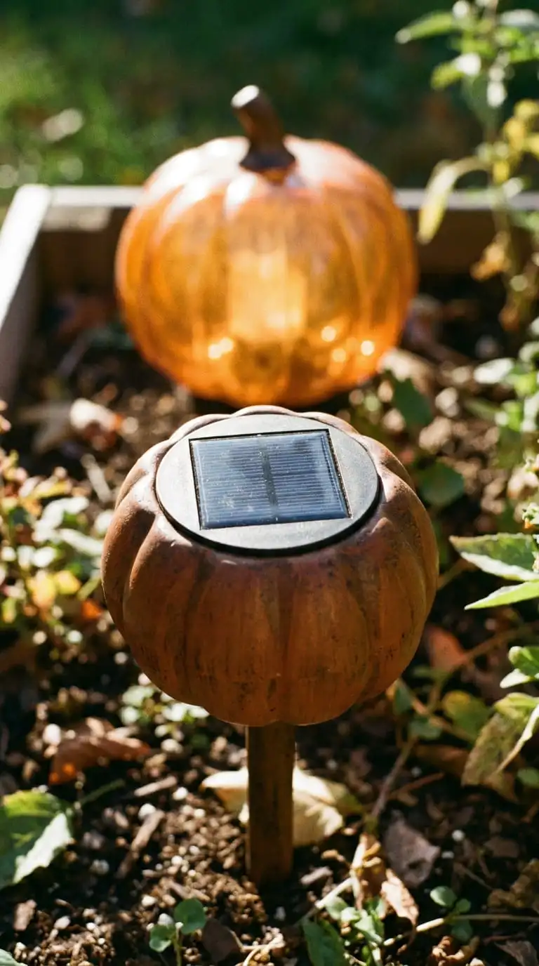 Close-up of a solar panel on a Halloween pumpkin stake light charging in direct sunlight