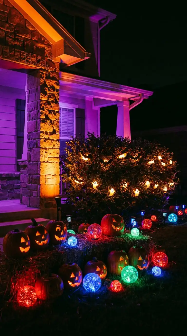 Halloween yard at night lit entirely with solar spotlights, string lights, and color-changing orbs