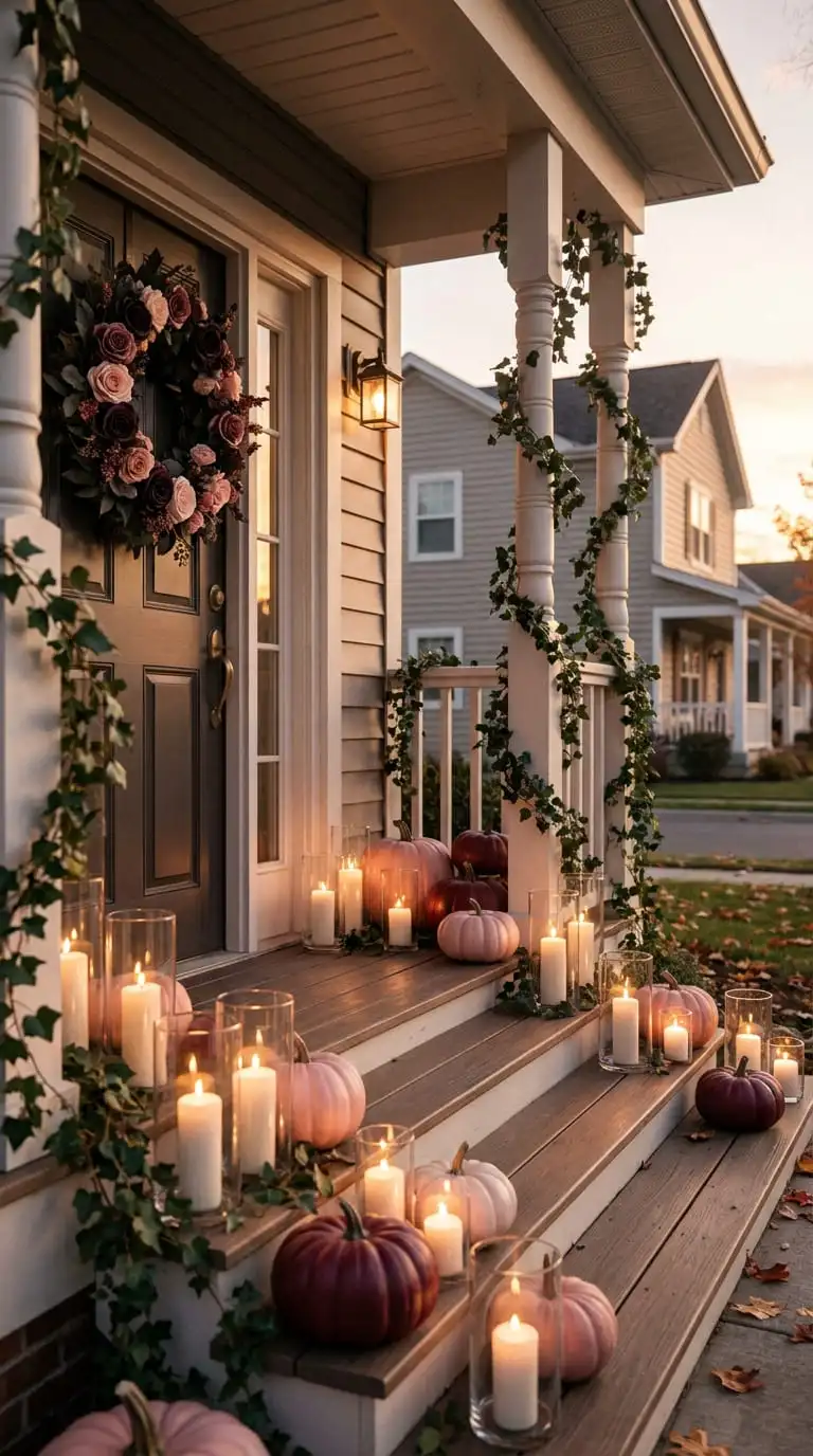 Romantic Halloween porch decorated with dark rose wreath, candlelit lanterns, and blush and burgundy pumpkins