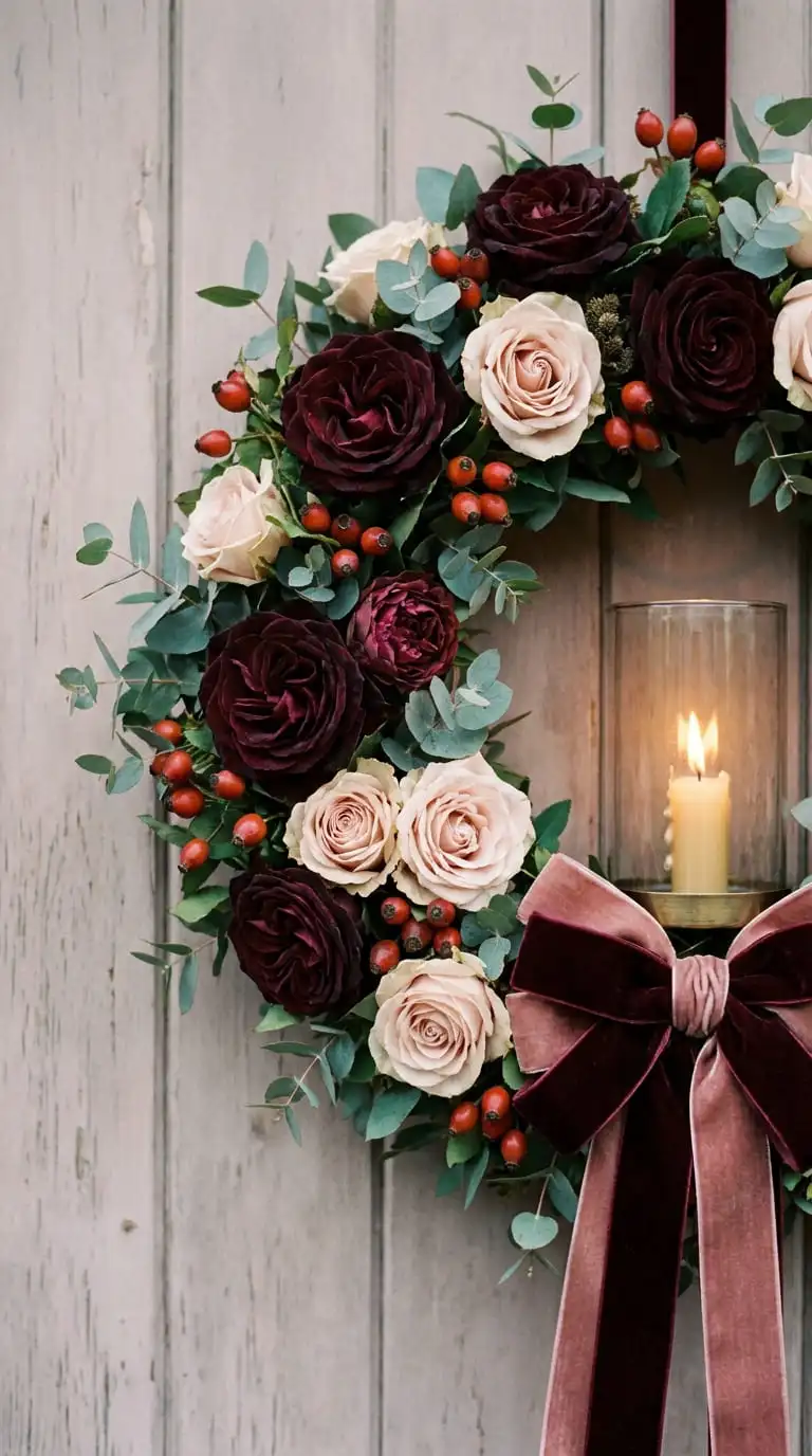 Close-up of a dark rose Halloween wreath and lit candle lantern on a romantic-style porch