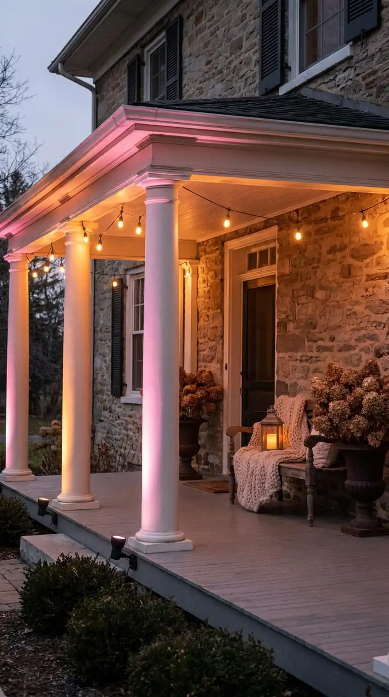 Romantic Halloween porch at dusk lit with soft pink and amber uplighting and a styled vintage bench