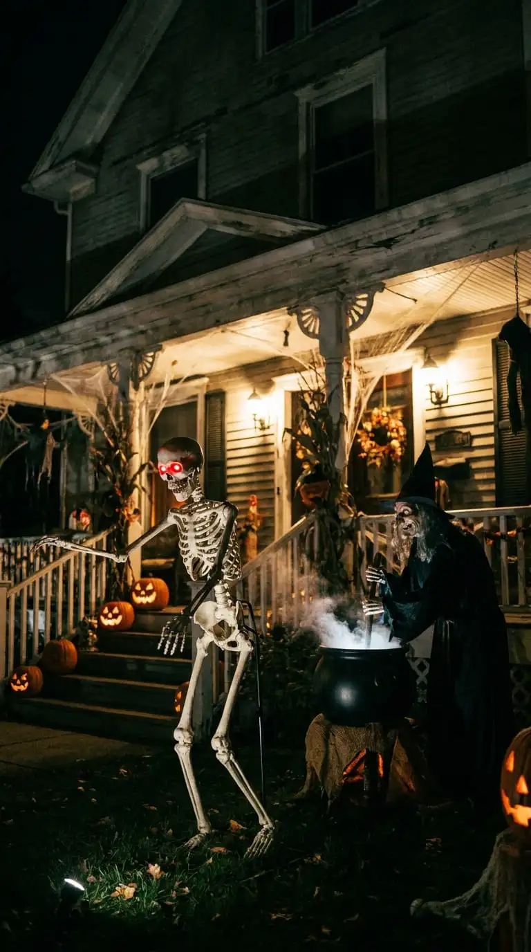 Halloween outdoor animatronics including a moving skeleton and witch prop with glowing red eyes on a front porch at night