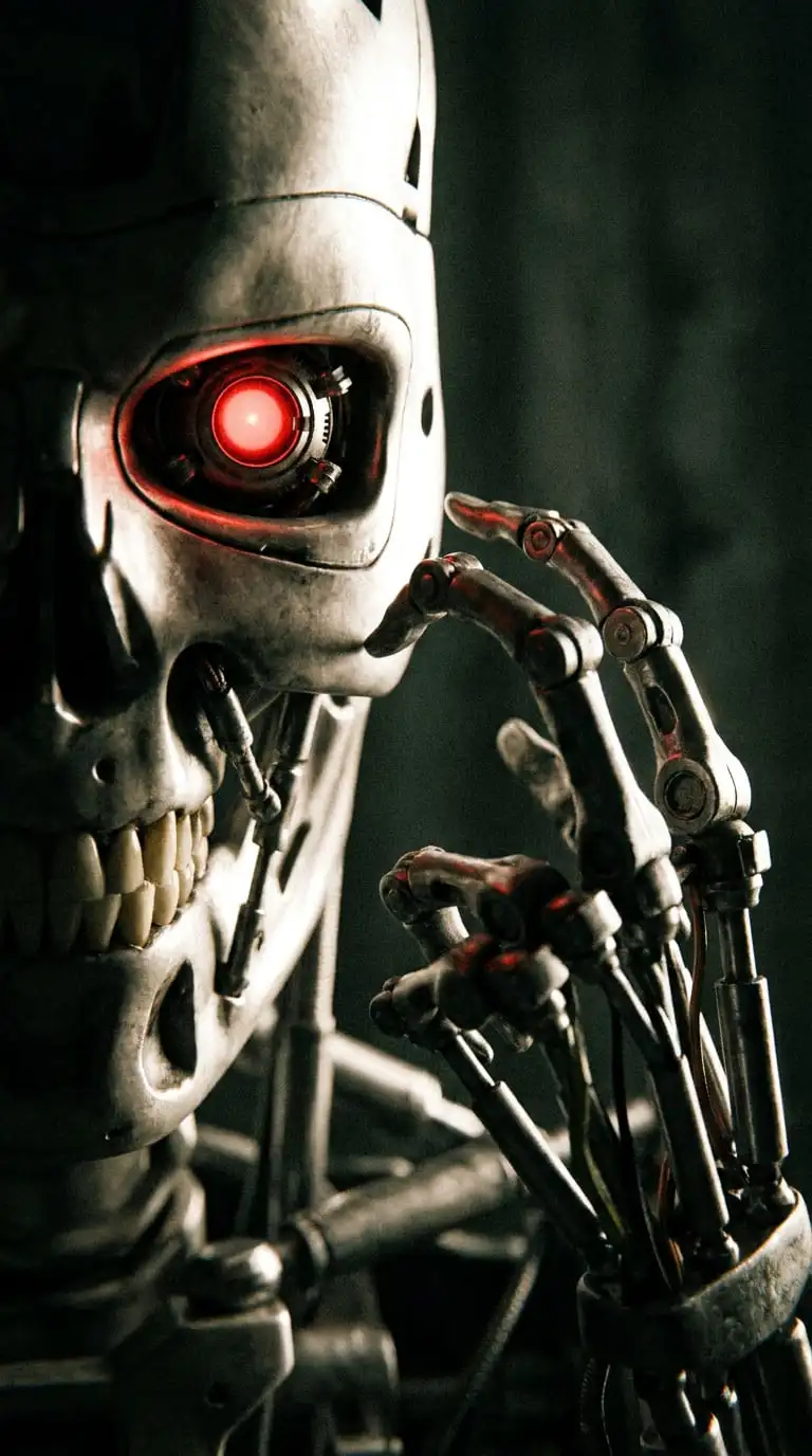 Close-up of an animatronic Halloween skeleton's glowing red eyes and moving hand