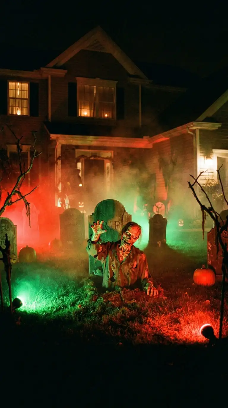 Halloween yard at night with a ground-breaker zombie animatronic rising from a foggy graveyard scene