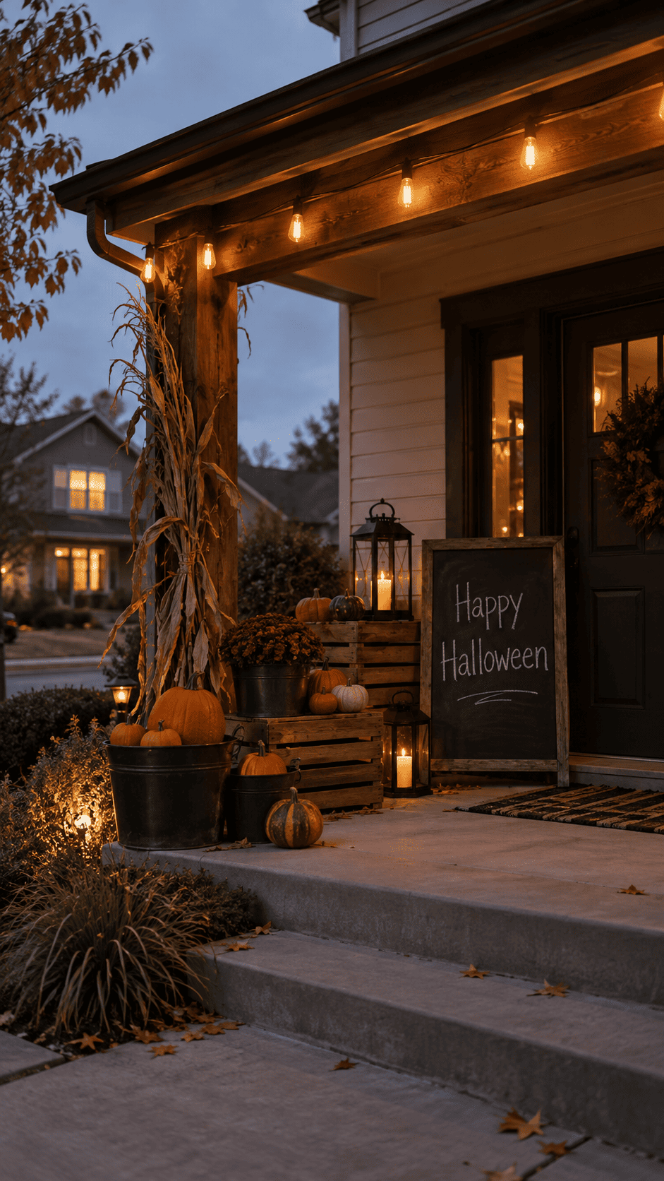 Industrial Halloween porch with black metal lanterns, Edison bulb string lights, and raw wood pumpkin crates