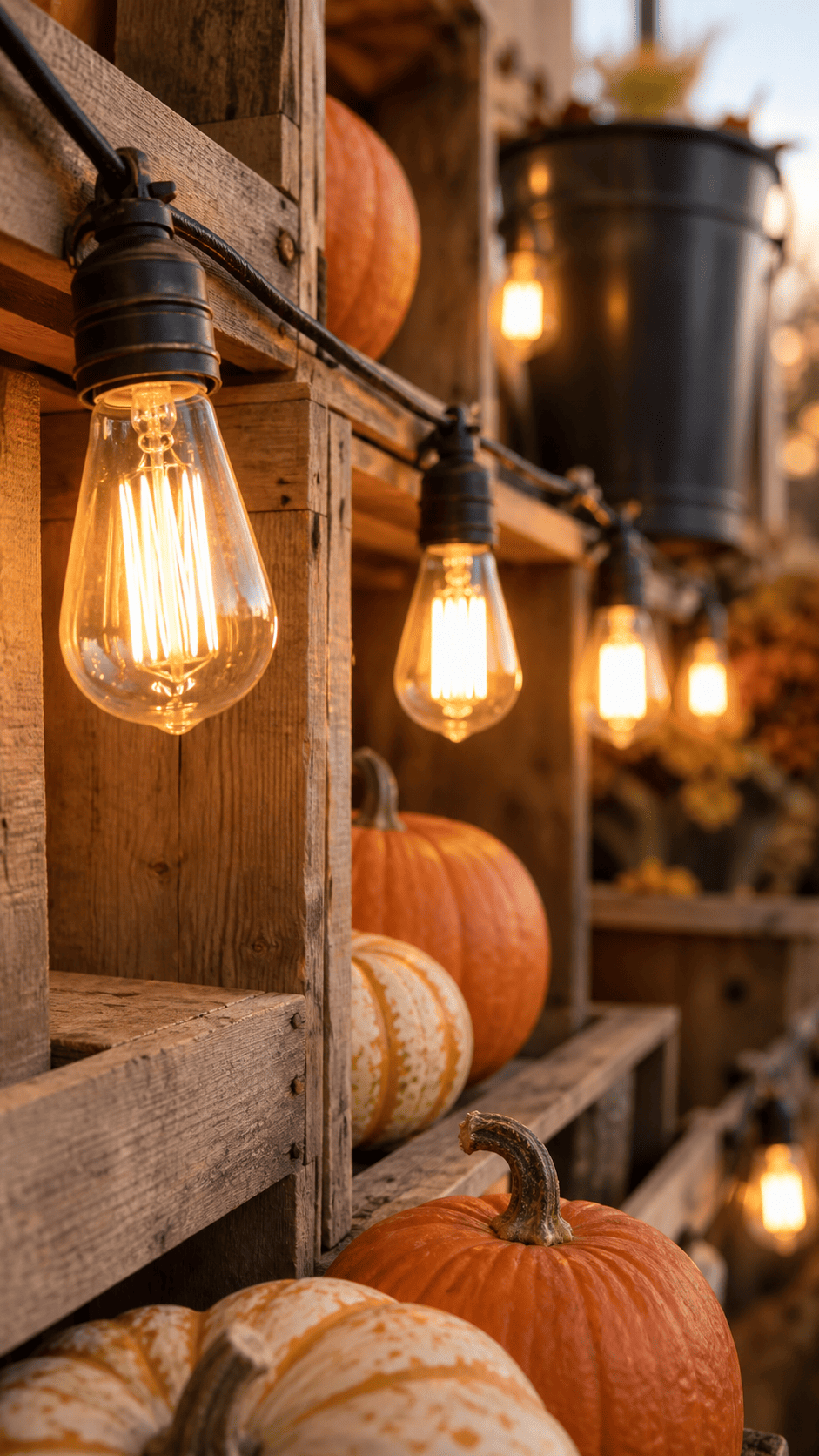 Close-up of Edison bulb string lights and raw wood crates styled for industrial Halloween decor