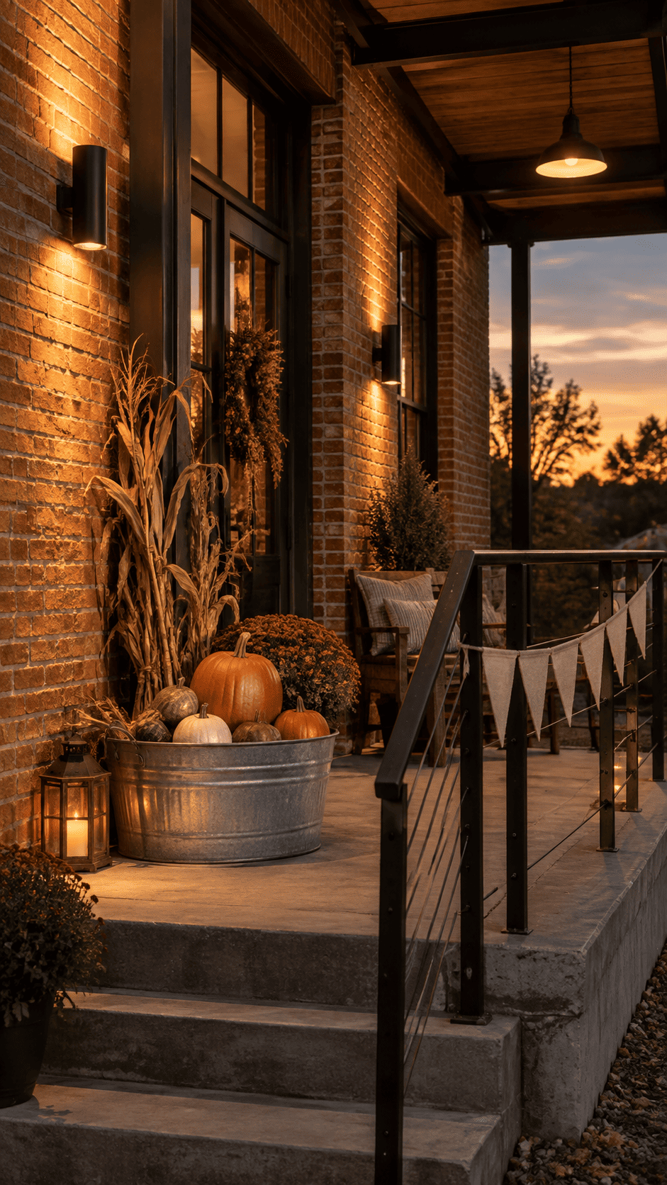 Industrial Halloween porch at dusk lit with warm amber uplighting and a galvanized steel tub of pumpkins