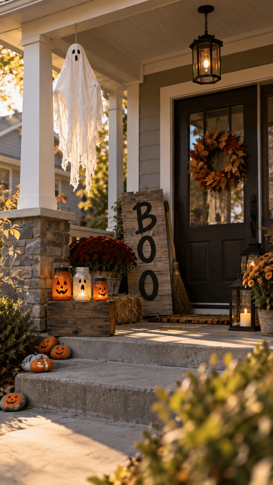 DIY Halloween outdoor decorations including a painted mason jar lantern, wood pallet sign, and fabric ghost on a porch