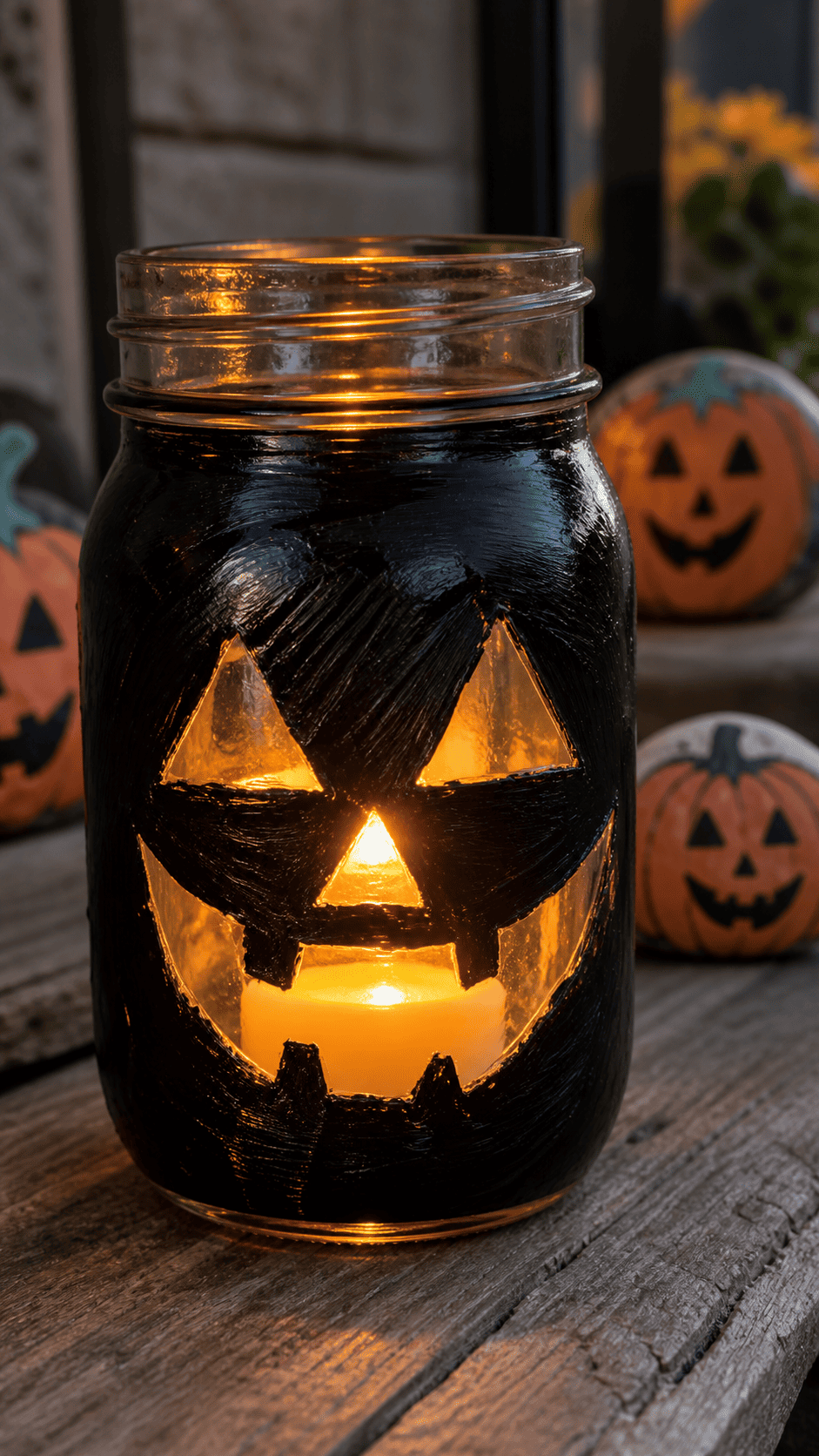 Close-up of a DIY painted mason jar Halloween lantern with a glowing tea light inside