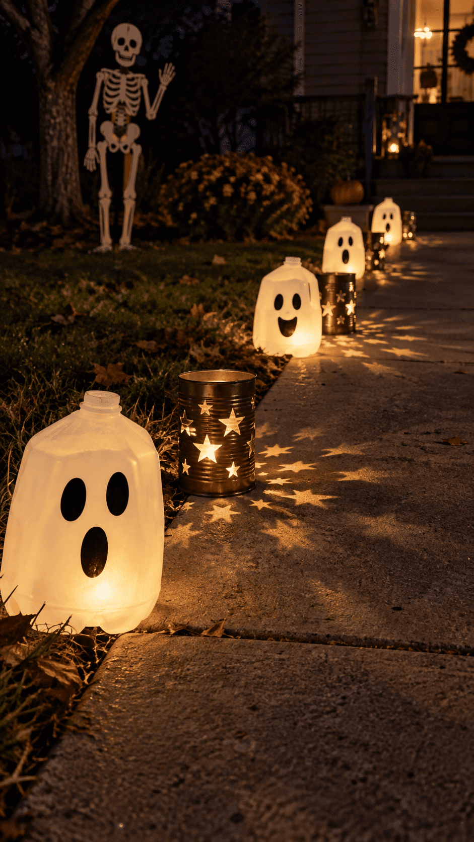 DIY Halloween pathway at night lit with milk jug ghost lights and tin can luminaries