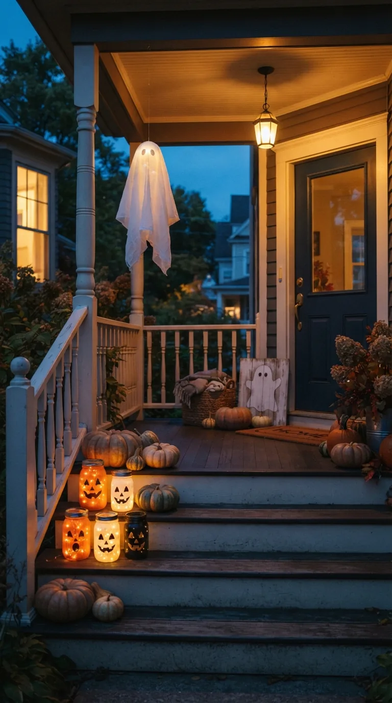 Cozy Halloween front porch with pumpkins, LED mason jar lanterns, and a cheesecloth ghost