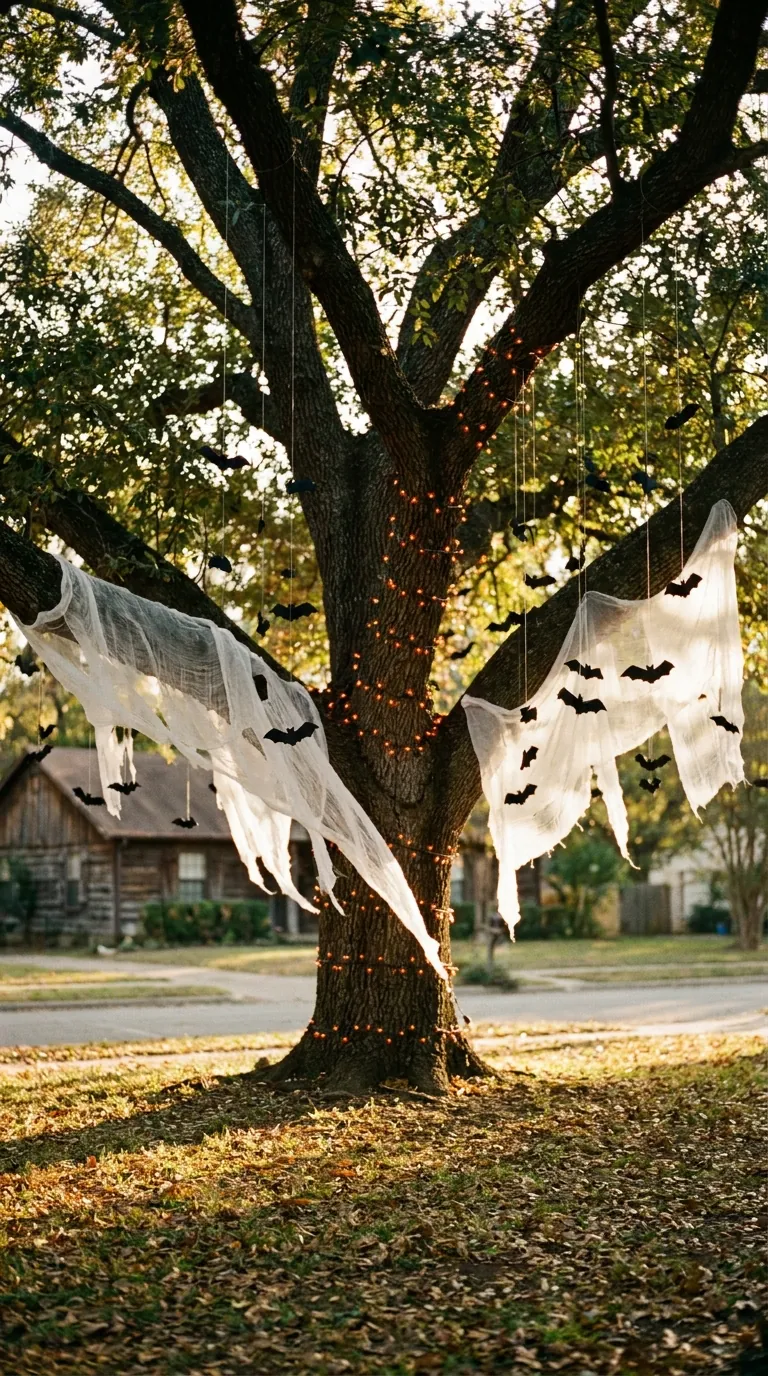 Halloween outdoor tree decorations including ghost fabric wraps, string lights, and hanging bats on a front yard tree