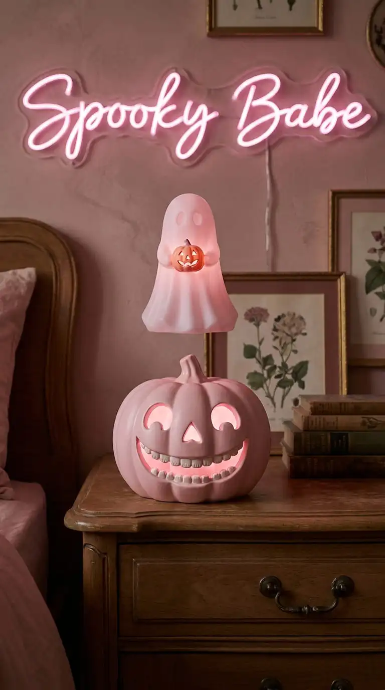 A wooden nightstand with a glowing pink carved pumpkin and a translucent floating pink ghost holding a mini pumpkin under a pink neon Spooky Babe sign.