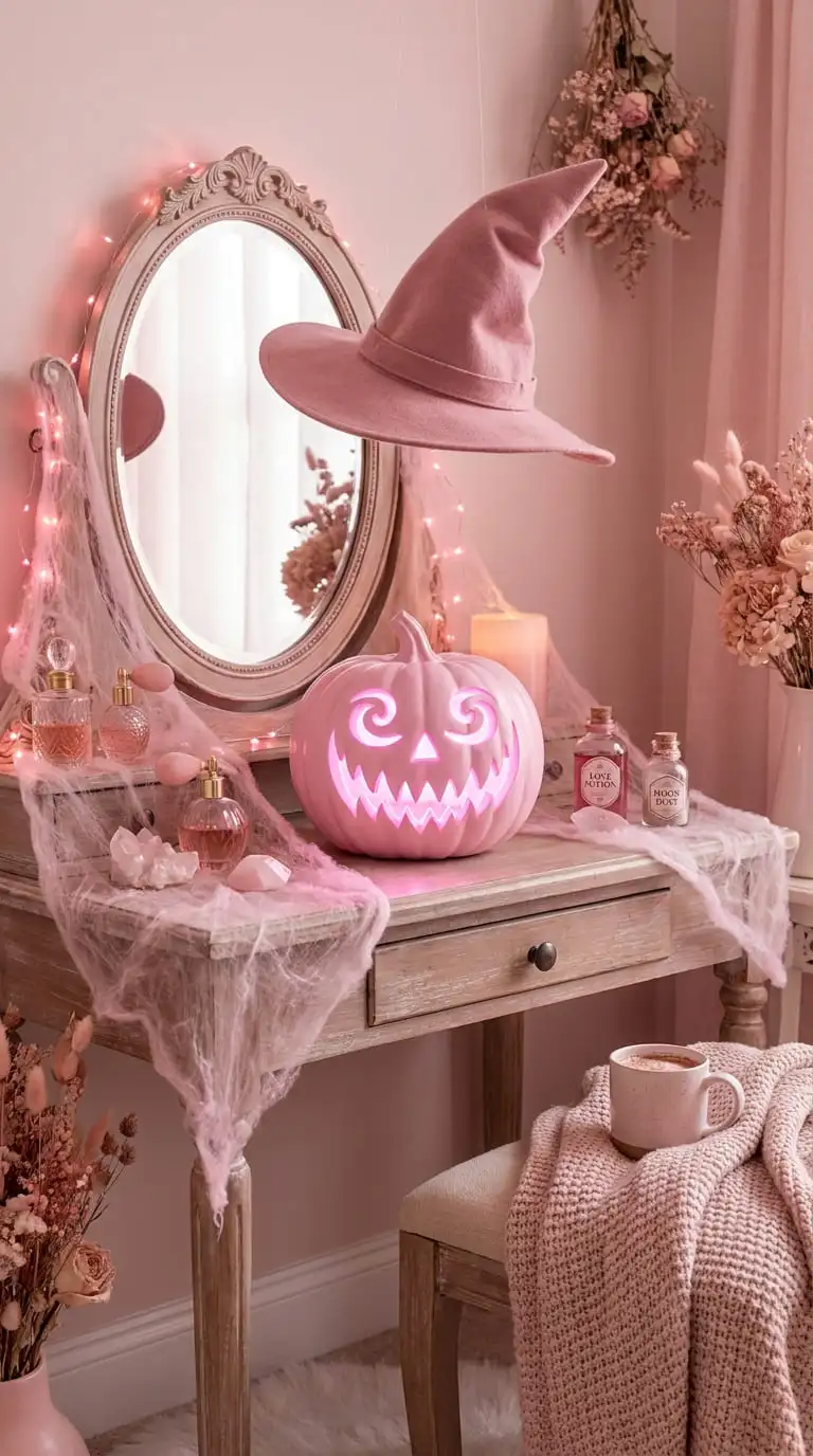 Cozy pink Halloween bedroom decor featuring plush ghost pillows, pastel pumpkins, and warm fairy lights on a bed.