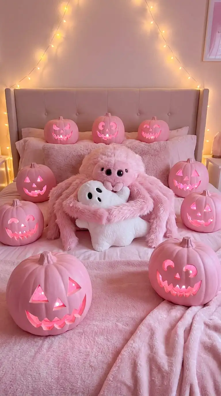 A bed covered in carved pastel pink glowing pumpkins with a plush giant pink spider holding a ghost pillow in the center.