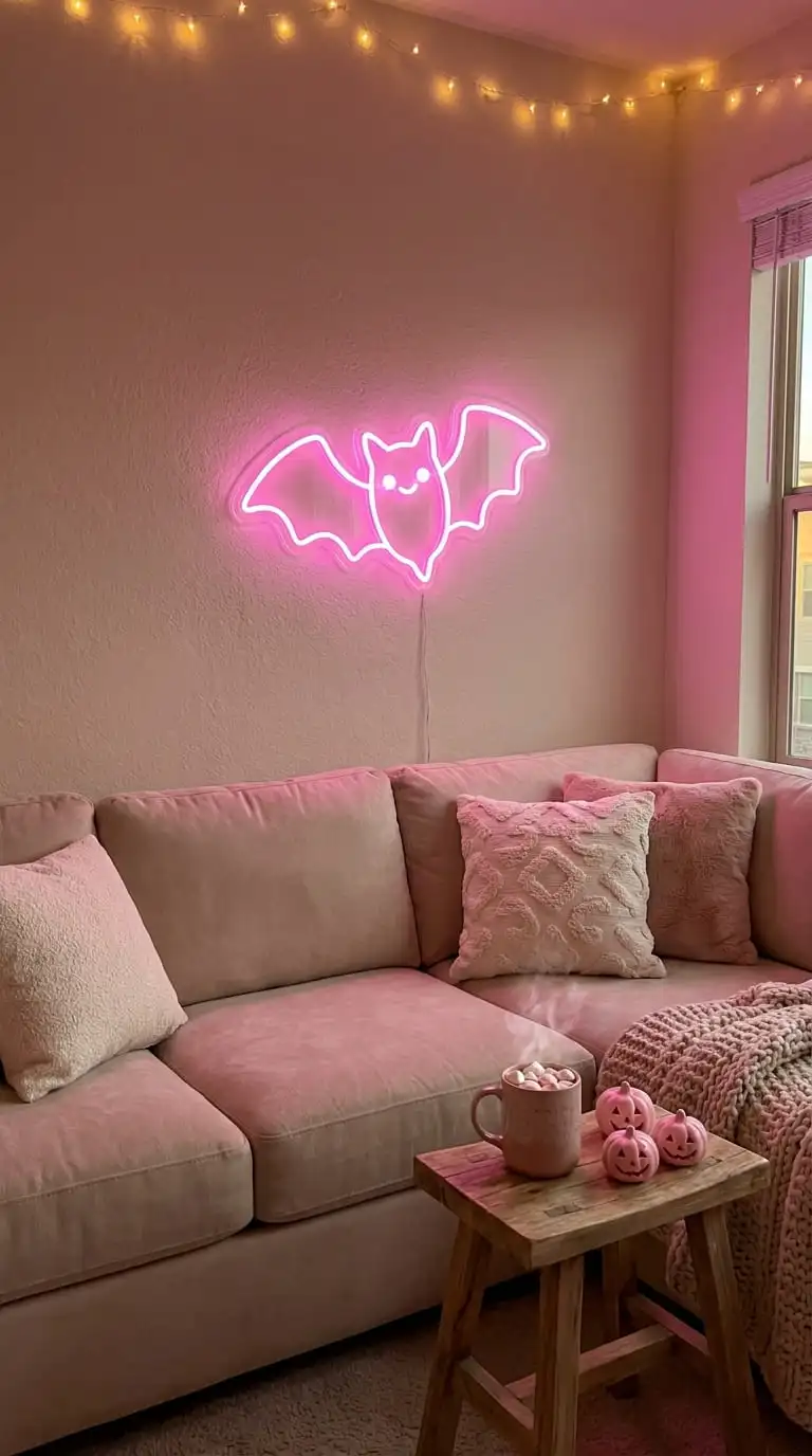 Aesthetic living room wall featuring a glowing pink bat neon sign above a sofa