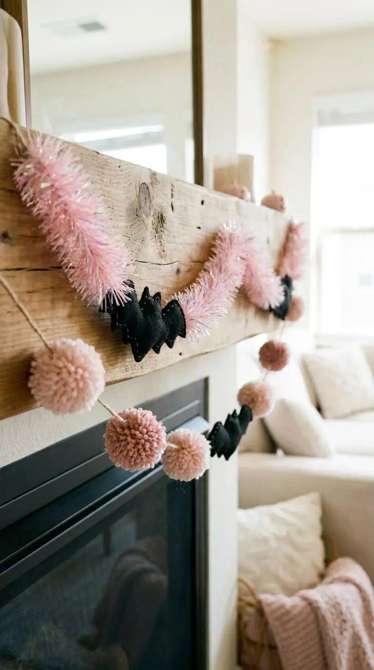 Close-up of a pastel pink tinsel and black paper bat garland decorated across a wooden mantle