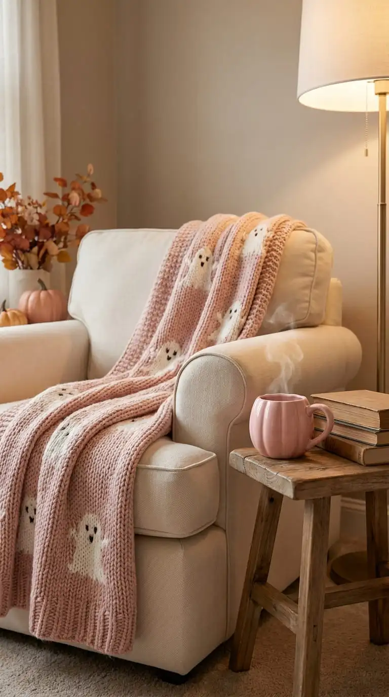 Cozy reading nook with a blush pink chunky knit ghost blanket and a pink pumpkin mug